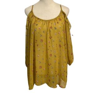 DOUBLE ZERO sheer floral mustard print cold shoulder top